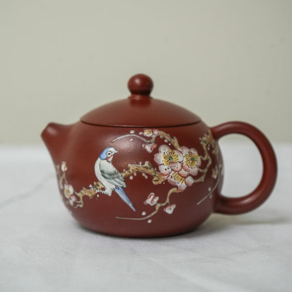 Yixing Hongni Xishi Flower Bird Paint Teapot 120ml  Teaware- Cha Moods